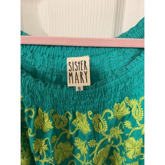 Sister Mary Claudia Floral Short Sleeve Embroidery Green Boho Blouse, S - Picture 4 of 6